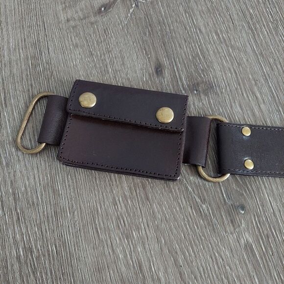 Brown Leather Belt With Attached Mini Waist Bag 46" Length - Picture 3 of 6